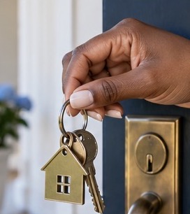 Hand holding house keys at a front door