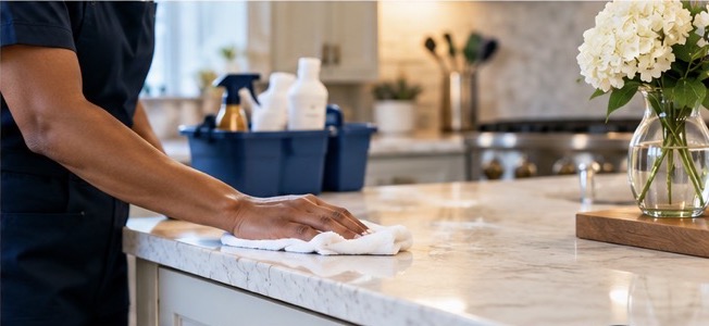 Cleaner wiping down a marble kitchen counter