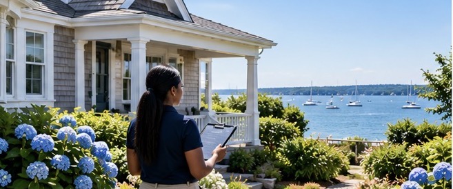 Home watch inspector reviewing a property by the harbor