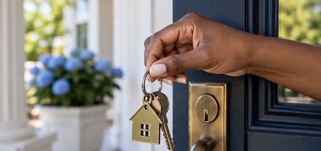 Hand holding house keys at a front door