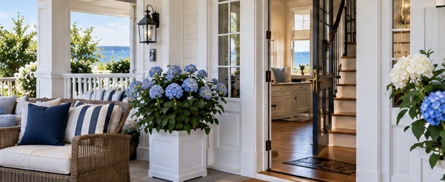 Welcoming porch with hydrangeas and an open front door